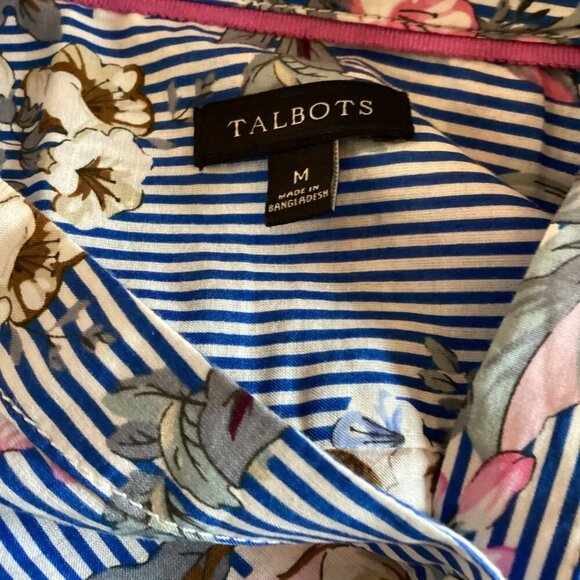 Talbots Button-Up Blouse Size Medium Top Floral Blue & White Pink - Picture 2 of 8